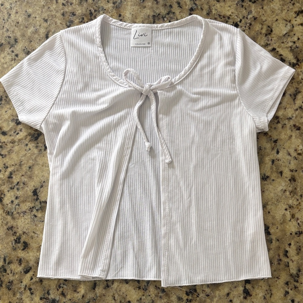 White Ribbed Short Sleeve Tie-Front Tee